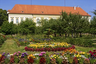 Colorful flower beds and historical orchard