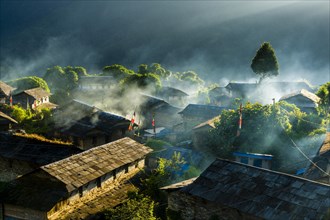 View on village in morning light