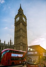 Red double decker bus in front of Big Ben