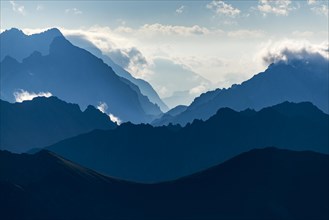 Ehrwald mountains in blue morning mist