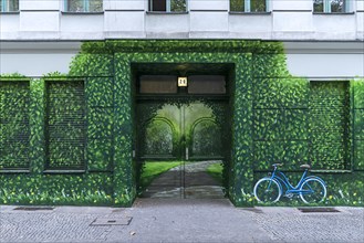 Graffiti with leaves and bicycle on door and wall of an apartment building