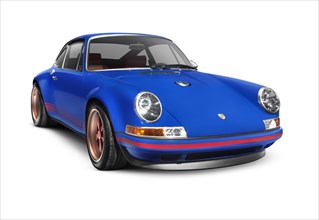 Blue 1991 Porsche 911 classic retro sports car isolated on white background with clippling path