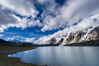 Tilicho Lake with snow-covered mountains