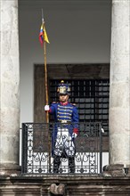 Soldier of the Presidential Guard keeps watch on balcony