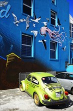 Green VW Beetle in front of painted house facade