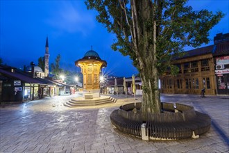 Illuminated Sebilj ottoman-style wooden fountain at sunrise