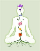 Woman sitting in lotus pose with seven chakra symbols represented as associated with chakras flowers and colors growing from a root chakra