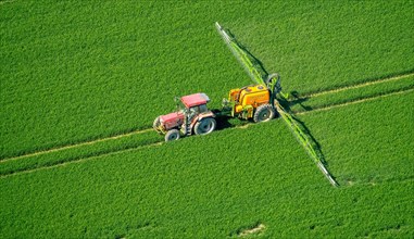 Tracker spraying pesticides on a green grain field