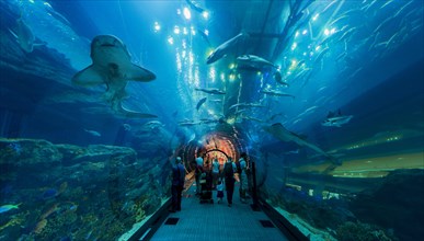 Underwater tunnels in the Dubai Aquarium and Underwater Zoo