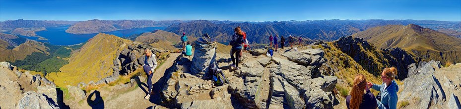 360 panoramic view from summit of Ben Lomond with hikers