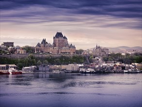 Old Quebec City and port skyline at dusk with Chateau Frontenac