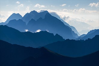 Ehrwald mountains in blue morning mist