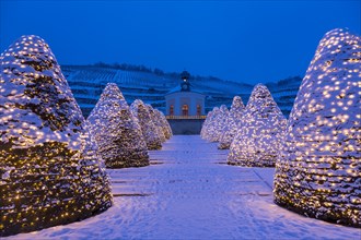 Belvedere Pavilion in winter in front of vineyards