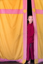 Young monk looking out from behind a curtain