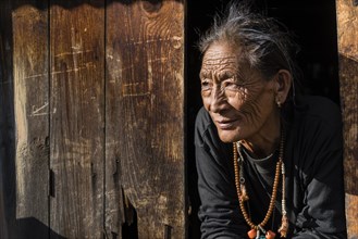 Senior female farmer looking out of a window