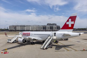 A Bombardier CS100 from Swiss airline Swiss is ready for departure at London City Airport