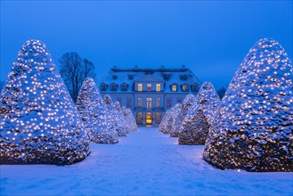 Winery Schloss Wackerbarth with Christmas lights on snow