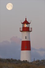Red and white striped lighthouse List East at full moon
