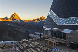 View from the Monte Rosa hut to Matterhorn and Dent Blanche in the morning sunshine