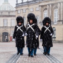 Royal Life Guards walking in front of Amalienborg Palace during snowy weather