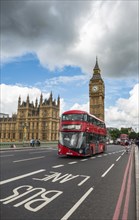 Red double-decker bus on the Westminster Bridge
