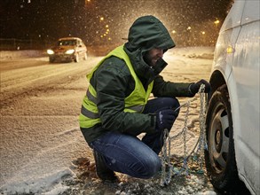 Man with safety vest applying snow chains on snow-covered road