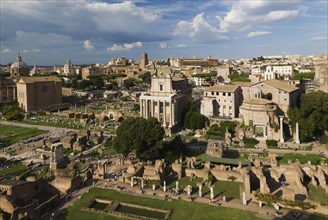 Top view of Roman Forum ruins with Curia