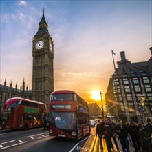 Red double decker bus in front of Big Ben