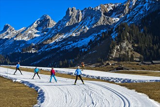 Cross-country skiers in front of Massif des Aravis