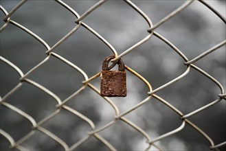 Rusty lock on chain-link fence