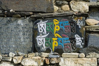 Mani stones with engraved colorful tibetan mantra at a wall