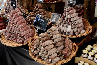 Italian salami sausage on a street market
