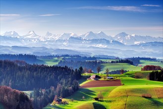 View from the Lueg over the Emmental with Bernese Alps in spring