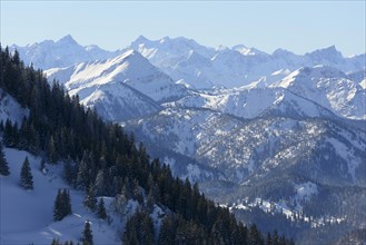 View from Wallberg to Karwendel Mountains in winter with Kaltwasser Karspitze