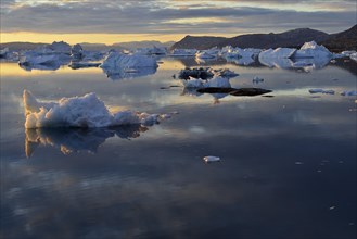 View over the icebergs at midnight sun