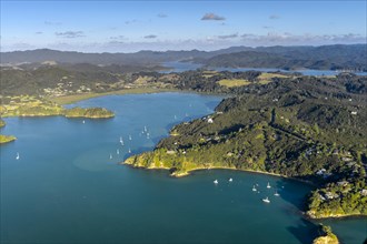 Aerial view of the Bay of Islands with islands and sailboats