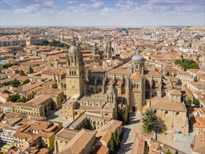 Drone image of Salamanca with new and old cathedral