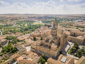 Drone image of Salamanca with new and old cathedral