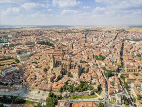 Drone image of Salamanca with new and old cathedral