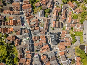 Drone image of charming little town creating architectural pattern