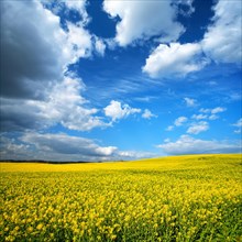 Blooming rape field under blue sky with white clouds
