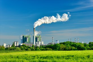 Steaming lignite-fired power plant in a green landscape