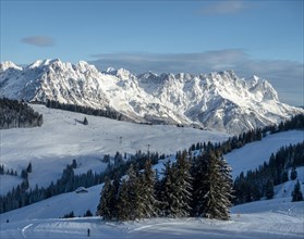 View from the ski area SkiWelt Wilder Kaiser Brixenthal to the mountain massif Wilder Kaiser