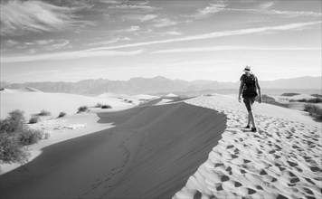 Young man hiking on sand dunes