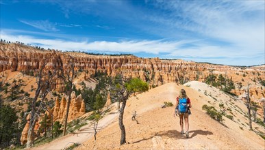 Hiker with backpack on trail in bizarre landscape
