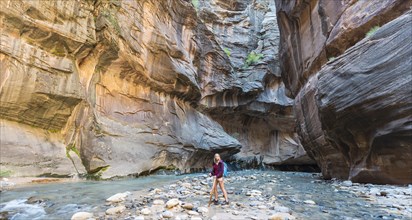 Hiker walking through river