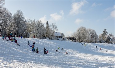 Children tobogganing at sled mountain