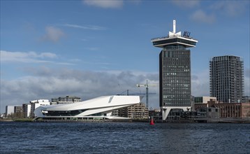Building of the modern cultural centre EYE Filmmuseum with the A'DAM Tower and viewing platform