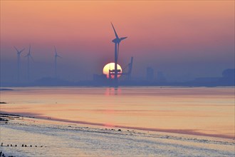Wind turbines in front of setting sun