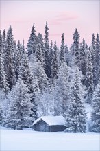Snowed-in hut in the winter landscape